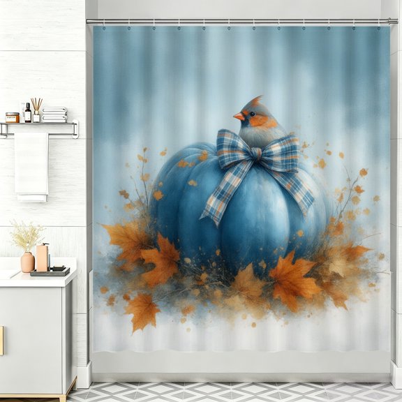 Fall Themed Shower Curtain A blue pumpkin with a bird sitting on top of it 72 x 72 Shower Curtain Bathroom Decor Fall