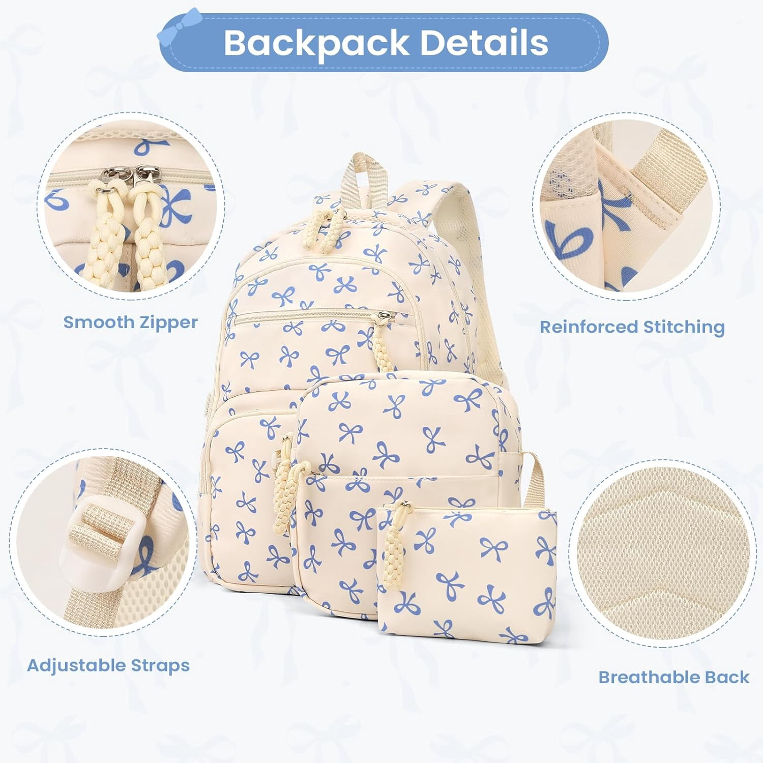 Lohol Coquette Aesthetic Backpack - Cute Kawaii Bow Rucksack for Women, Trendy & Lightweight Nylon Daypack (A02 Bow Blue)