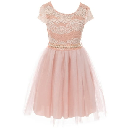 Wedding Dress Cap - Little Girl Cap Sleeve Lace Pearl Tulle Graduation Wedding Flower Girl Dress USA Blush 4 JKS 2133P BNY Corner