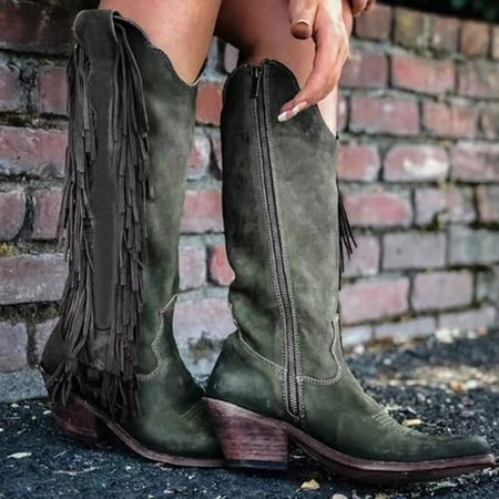 

Fashion Womens Tassel Square Head Low-heeled Rodeo Slip-On Comfy Western Boots