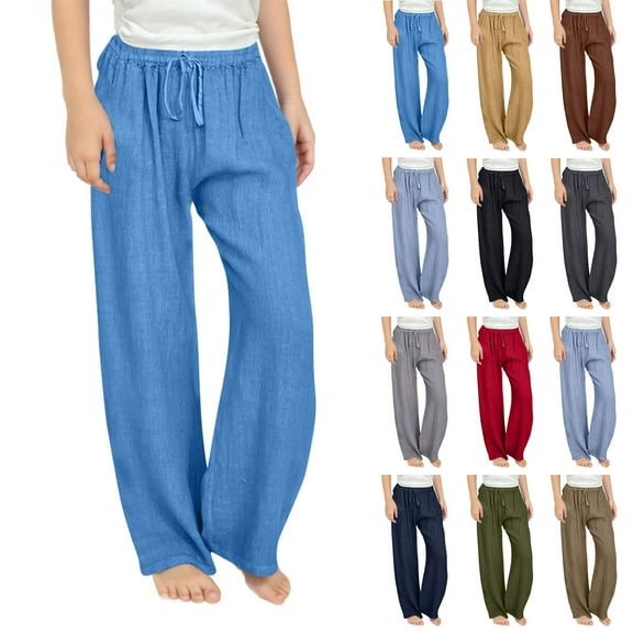 lcziwo Linen Pants for Teen Girls Lightweight Summer Loose Fit Flowy Palazzo Pants Solid Casual Wide Leg Lounge Trousers with Pockets Brown 10 Years Lighten Sales of The Day