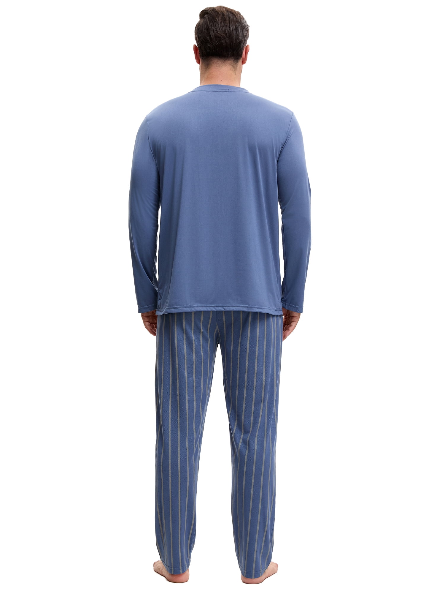 DARING DIVA Men's 2-Piece Long Sleeve Crew Neck Casual Stripes Pajamas Set L Blue Gray