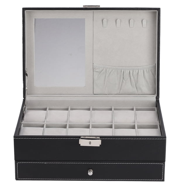 Watch Box 12 Slots Luxury Leather Display Cabinet Metal Men's and Women's Double Layer Watch Jewelry Storage Box with Key