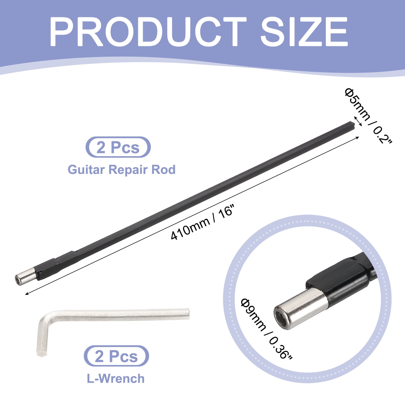 Uxcell 2 Pack Guitar Two Way Rod, 410mm Low-Profile Guitar Rod with 4mm L-Wrench, Luthier Tools for Electric Acoustic Bass Guitars Neck Repair Adjustment, Black