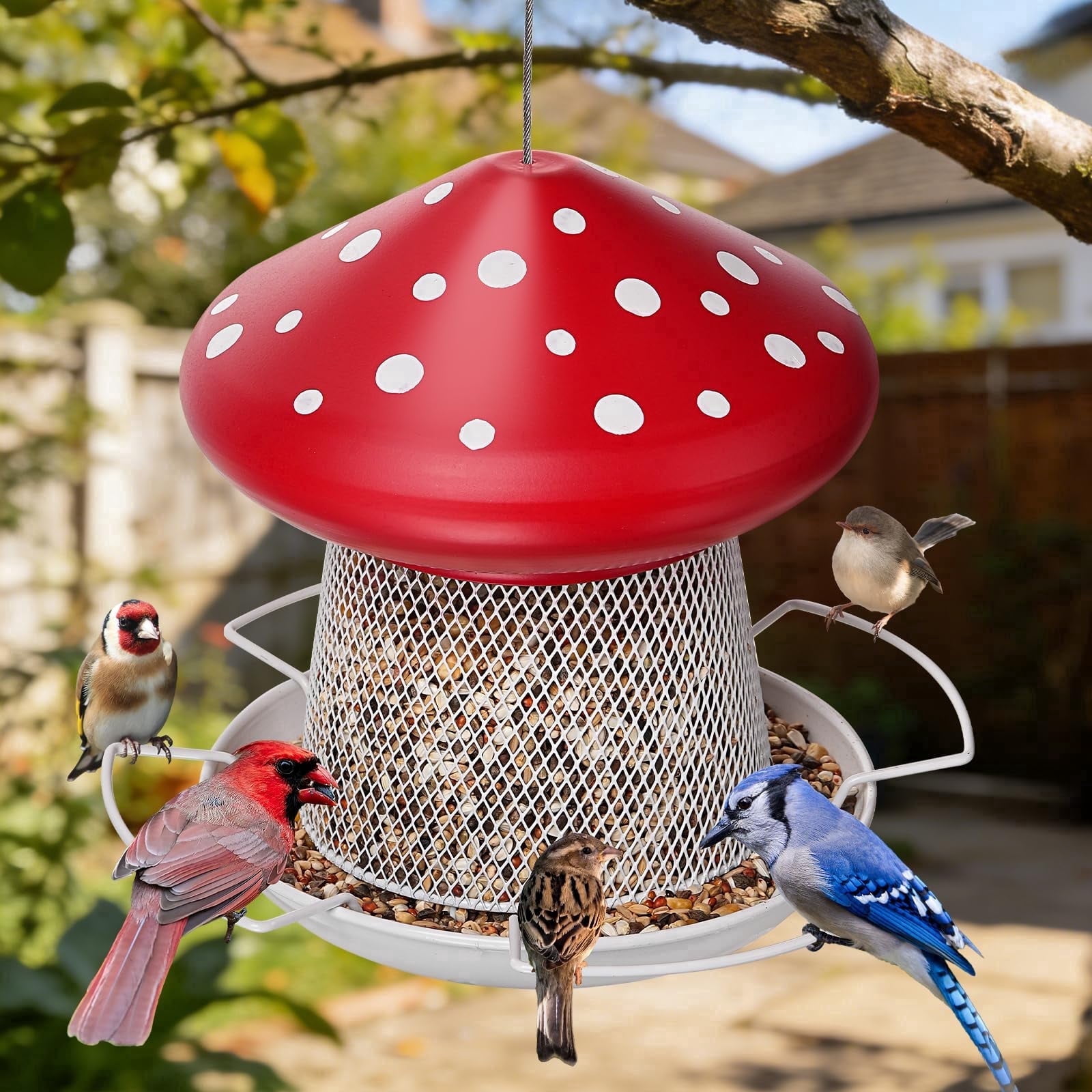 Samhe Bird Feeder, Mushroom Shape Outdoor Metal Wild Bird Feeder for Garden Yard Outside 3.5 lbs Large Capacity