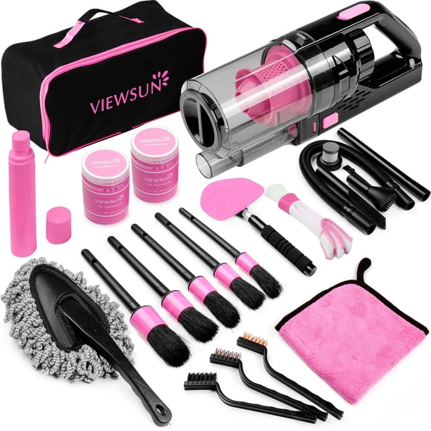 Kit de limpieza para coche Viewsun, 17 unidades, con aspiradora de mano, color rosa