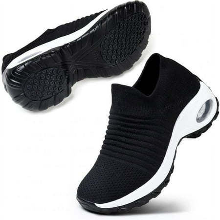 STQ Women s Walking Shoes Slip on Breathable Sneakers Black White US 10.5