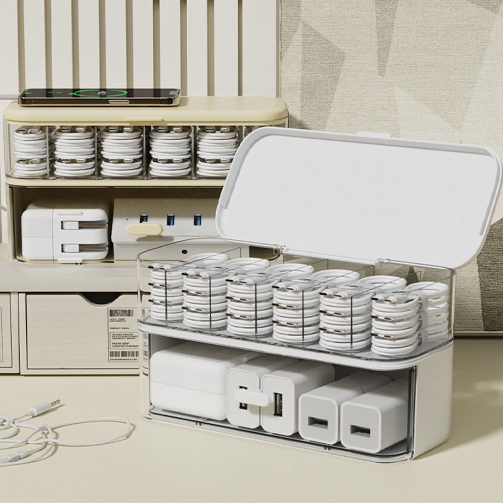 Double Layer Cable Management Box Cord and Chargers Storage Solution Office Desk Organiser with Multiple Section