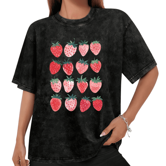 Women Casual Red Pink Strawberry Graphic Tees Cotton Crew Neck Printed T Shirt Tops Mineral Wash Black S-2XL Plus Size