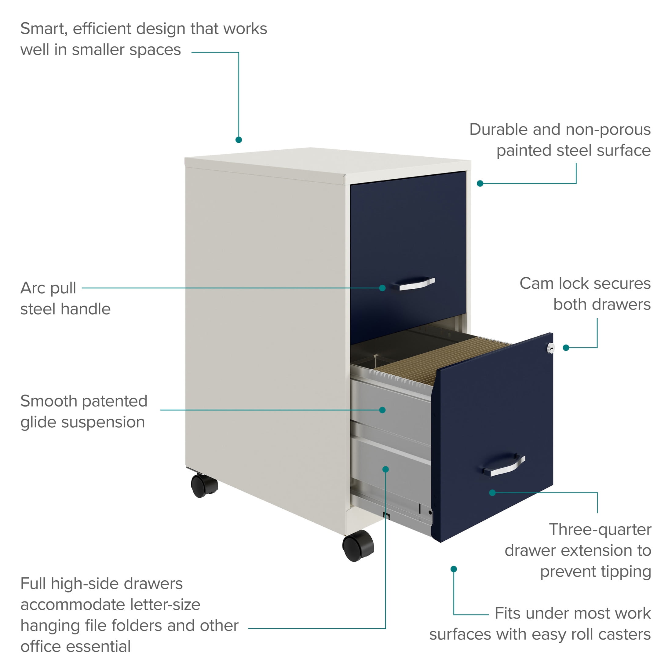 Space Solutions 18" Deep 2 Drawer Mobile Letter Width Vertical File Cabinet, White/Navy