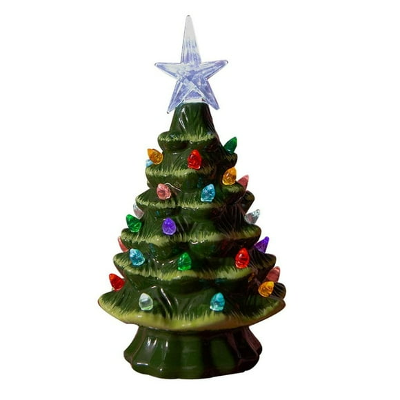 DEBGFS 7.4 Inch Mini Ceramic Christmas Tree Battery Operated Tabletop Trees Decoration Tree with Multicolored Lights