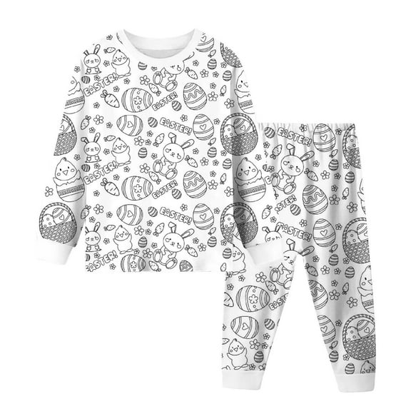 HOWPAY Easter Toddler Boy Outfits Bunny Eggs Print Long Sleeve Crew Neck Tops and Elastic Jogger Pants Pj Sets Comfy 2 Piece Sleepwear White