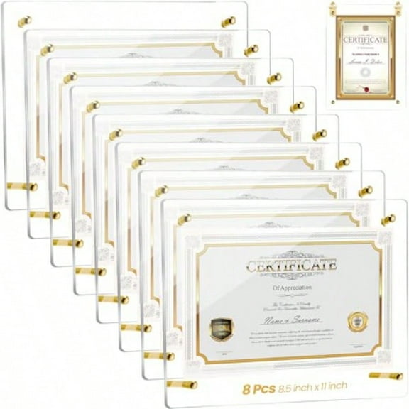 8 Pcs Acrylic Photo Frame 8.5 X 11'' Clear Floating Picture Frame Certificate Document Poster Award Diploma Display Tabletop Or Hanging Wall Mount For Back To School Teacher Student Gift Gold