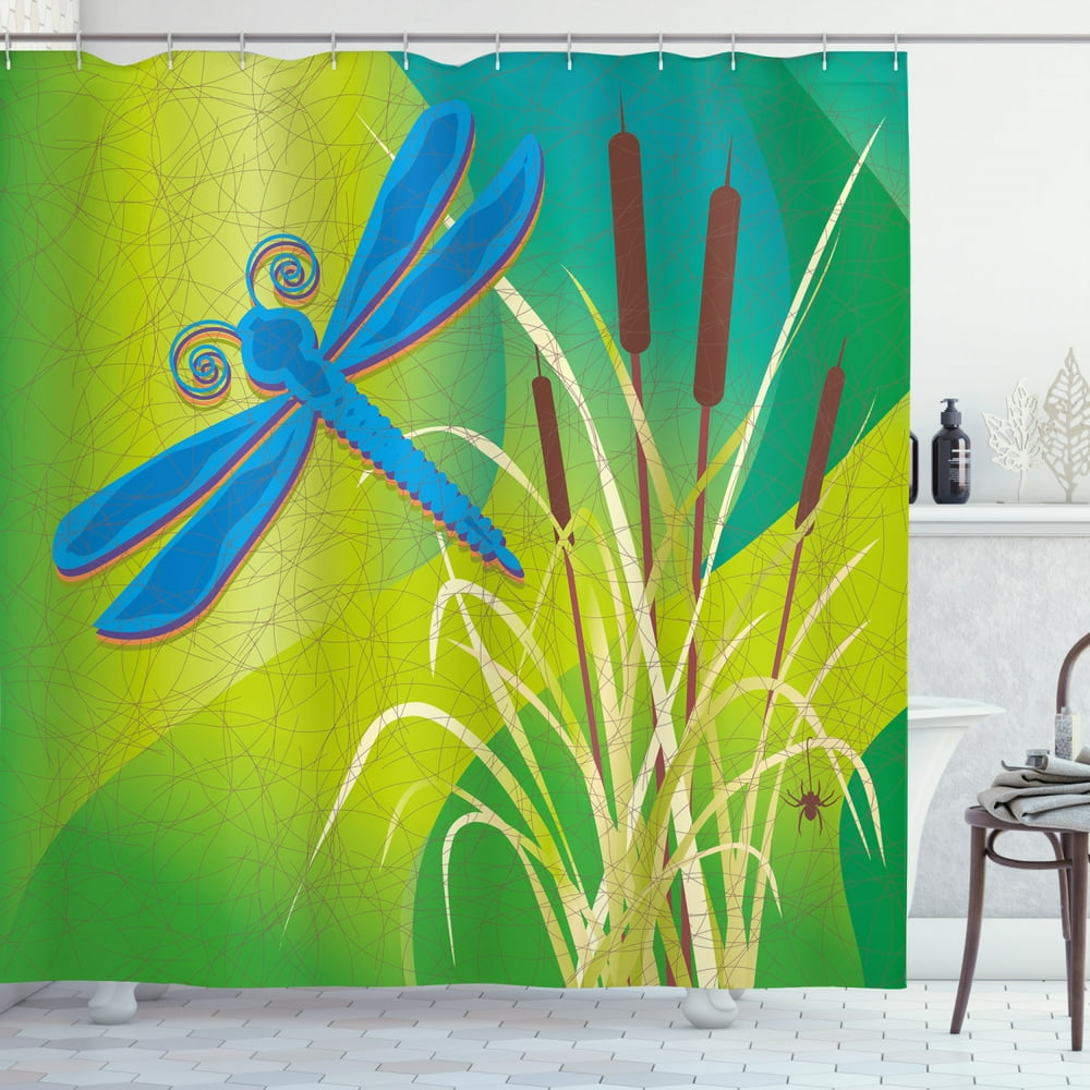 Dragonfly Shower Curtain, Butterfly Like Flying Bug on Grunge Vintage