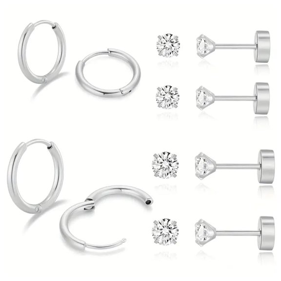 Cterwk 6 Pairs 14K Plated Earring Set Small Hoop Earrings Lightweight Stud Earrings Flat Back Earrings for Women, Silver