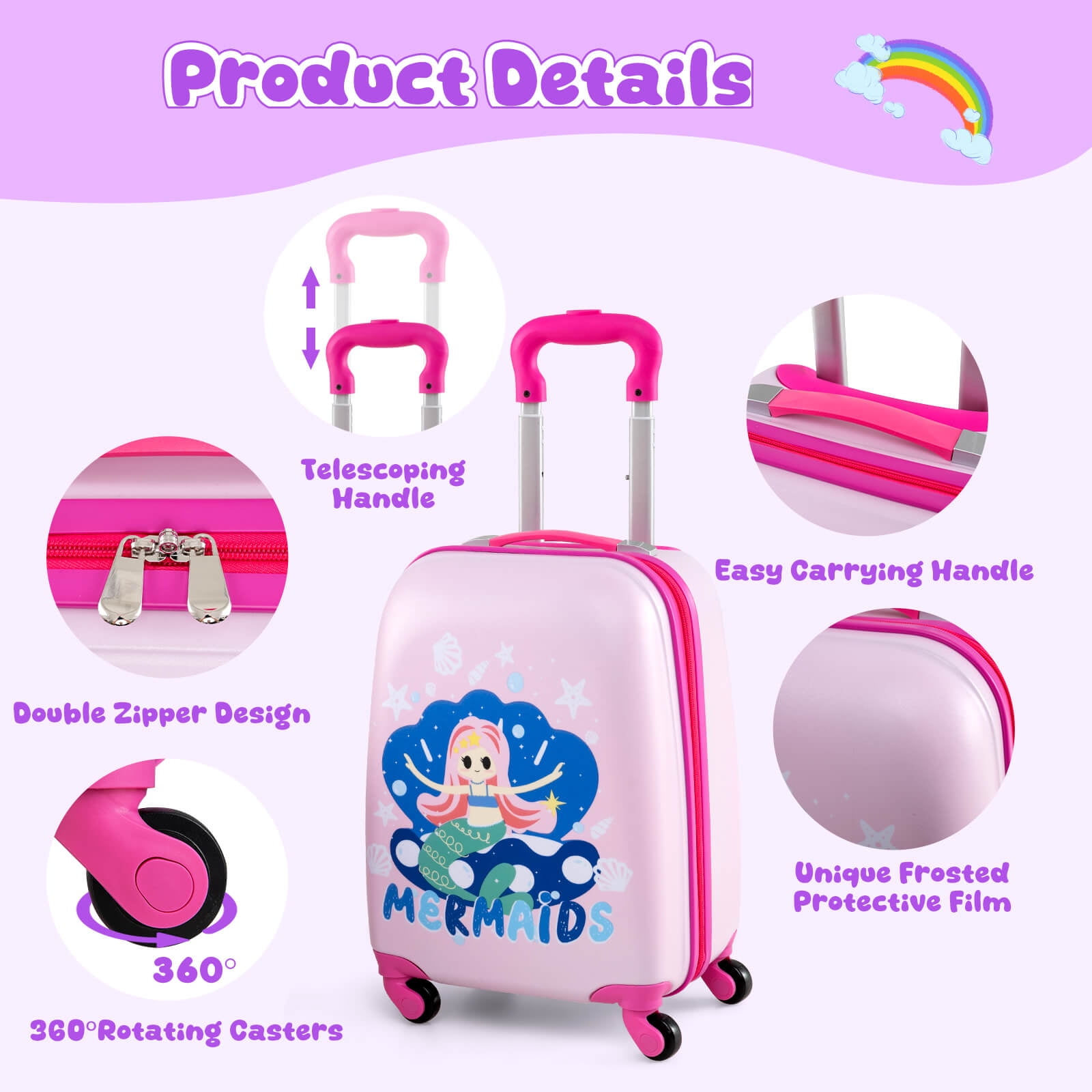 Costway 2PC Kids Carry On Luggage Set 12" Backpack and 16" Rolling Suitcase for Travel Pink + Blue