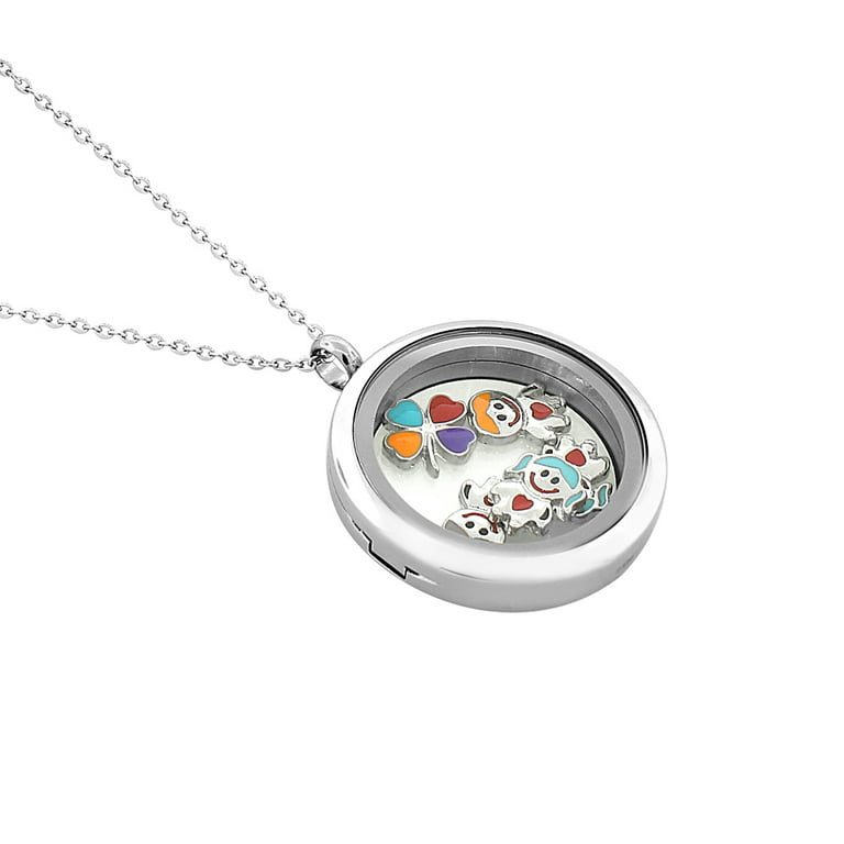 Stainless Steel Silver-Tone Floating Charms Kids Glass Locket
