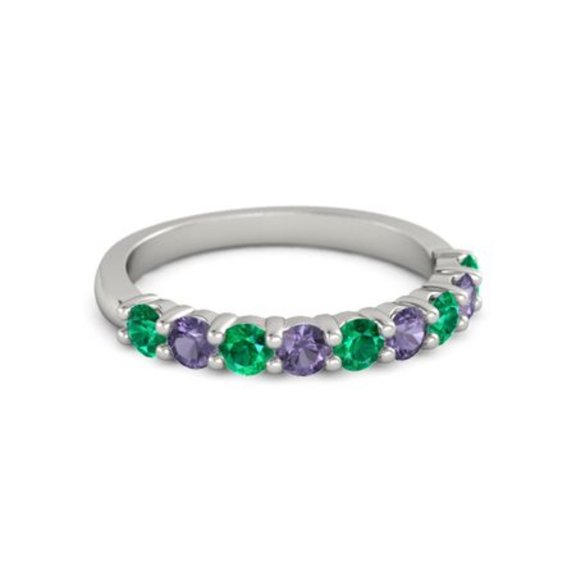925 Sterling Silver Round 2.50 MM Emerald Iolite Half Eternity Women Ring Size US- 4