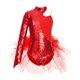 thumbnail image 3 of Traje de leotardo con falda de tul y plumas de lentejuelas brillantes para niñas, traje de manga larga con cuello simulado, traje de actuación de baile, 3 of 5