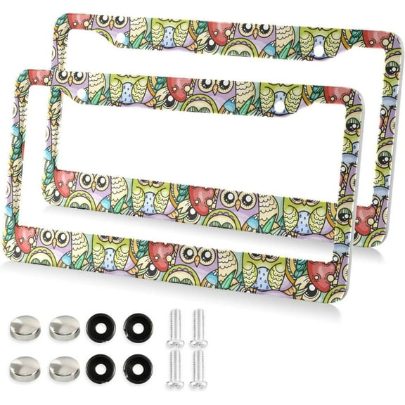 Cute Owl License Plate Frame, Decorative Aluminum Car Tag Frames, 2 Pack Universal Car License Plate Covers with 2 Holes and Screws