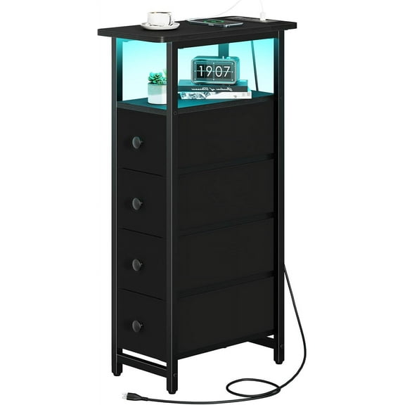 LED Narrow Nightstand with Charging Station - Slim Dresser for Bedroom Narrow Side Table Storage Cabinet, Small Dressers Chest of Drawers, Tall Skinny Night Stand End Table for Small Spaces