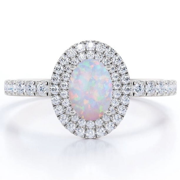 JeenMata Anillo de Compromiso con Ópalo Etíope en Forma de Huevo de 1,75 Quilates y Moissanita, Engaste Pavé, Doble Halo, Chapado en Oro Blanco de 18 K sobre Plata