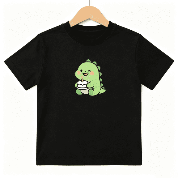 Cute Baby Dino Birthday Cake Boys Graphic Tee, Kawaii Party 100% Cotton Kids Short Sleeve T-Shirt 4-13Y