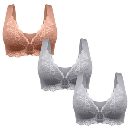 miqiqism 3 Pack Women s Plus Size Bras Full Coverage Front Closure Posture Back Unpadded Wireless Double Support Minimizer Solid Bra Coffee Medium