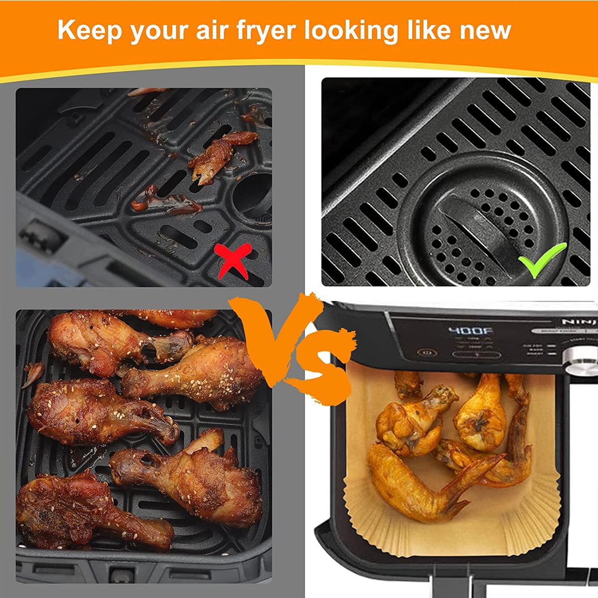 Air Fryer Liners Disposable for Ninja Airfryer: 125pcs 8.7x5.5 Rectangle  Parchment Paper for Air Fryer Dual Basket Ninja DZ201 DZ401 Foodi 8Qt and