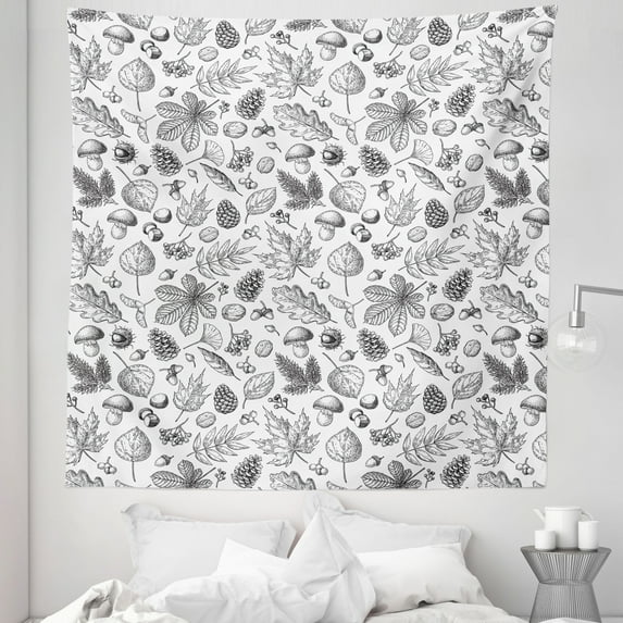 Oak Tree Tapestry, Vintage Autumn Theme Repetitive Pattern of Mushroom Leaves Acorn Pinecone, Fabric Wall Hanging Decor for Bedroom Living Room Dorm, 5 Sizes, Charcoal Grey White, by Ambesonne