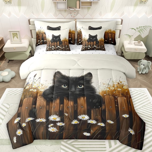 Manfei Kawaii Black Cat Twin Bedding Sets 7-Piece for Kids, Vibrant Groovy Flower Floral Bedding Comforter Set, Western Wooden Plank Reversible Sheet Sets, Super Cozy Room Decor