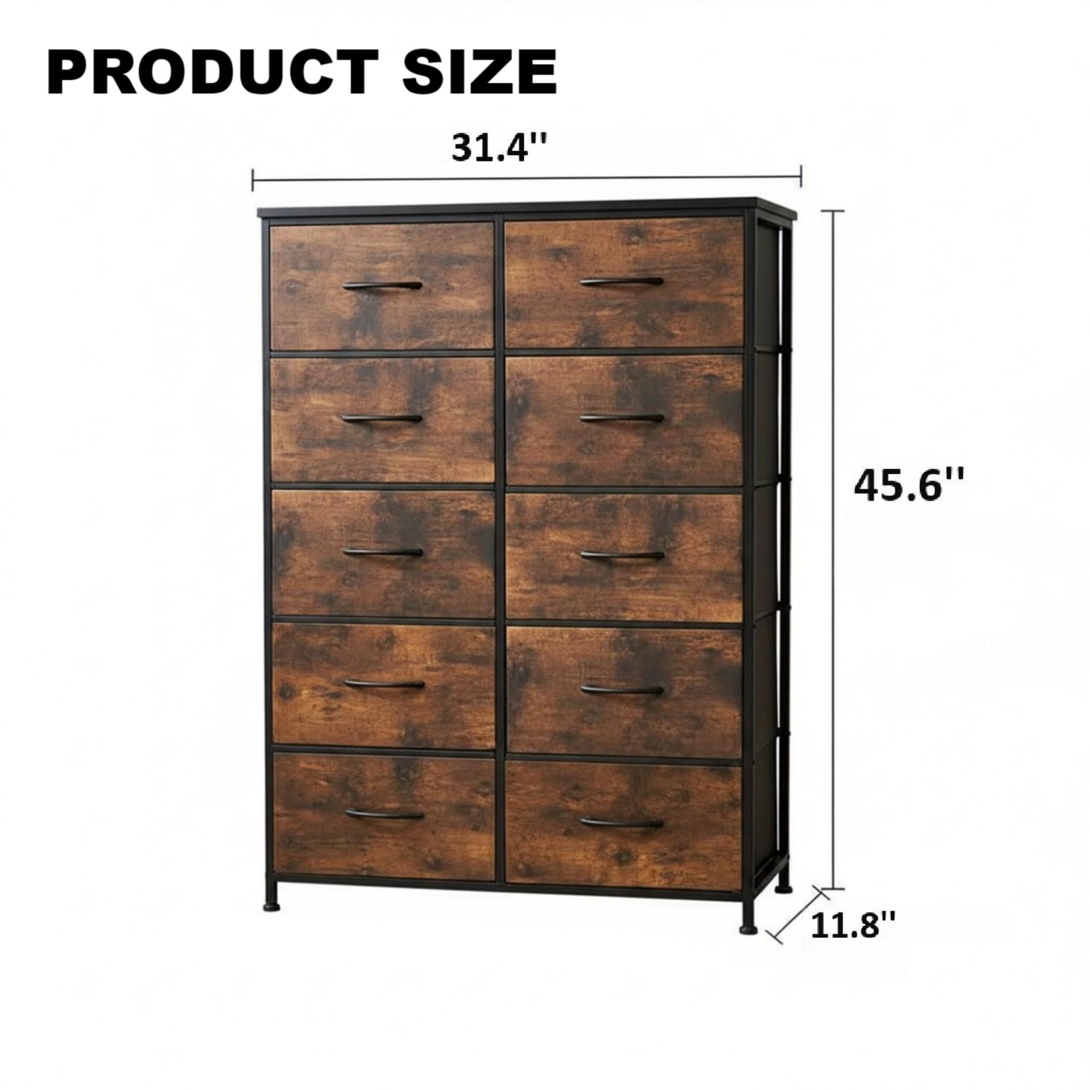 CONCETTA 10 Drawer Dresser, Fabric Bedroom Dresser,Storage Oragnization Nightstand, Home Organizer for Bedroom, Living Room, Study Room and Hallway, Black Rust
