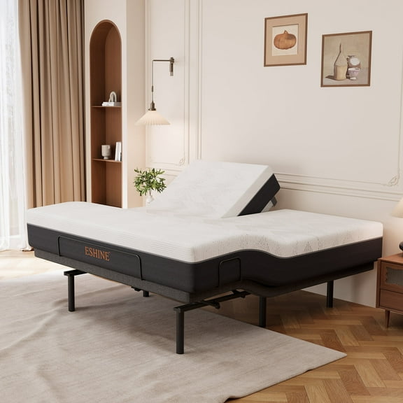 ESHINE Split Top King Adjustable Bed Frame with 12" Gel Memory Foam Mattress - Electric Upholstered Base, Massage Function, Wireless Remote, Head & Foot Incline, USB Ports, Under Bed Light, Grey