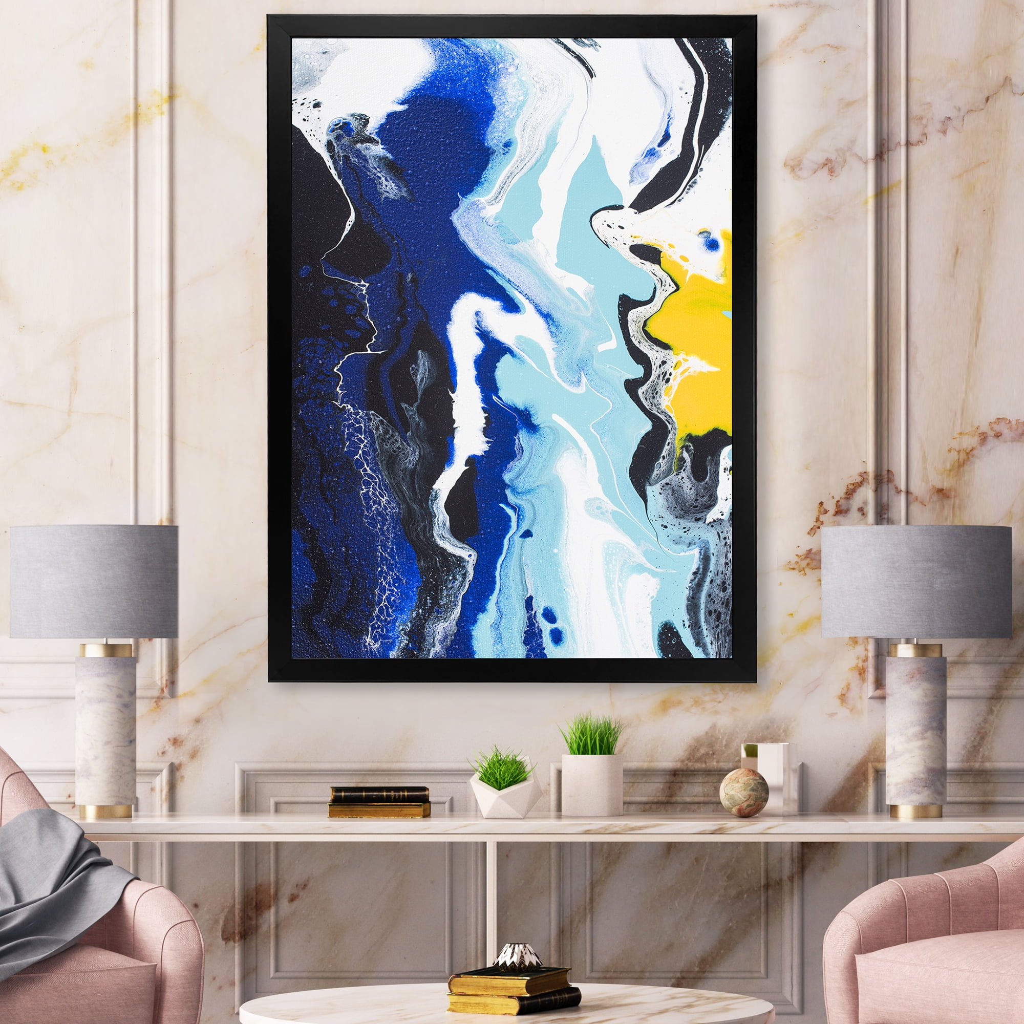 Designart 'Abstract Blue and Yellow Waves' Modern Framed Art Print