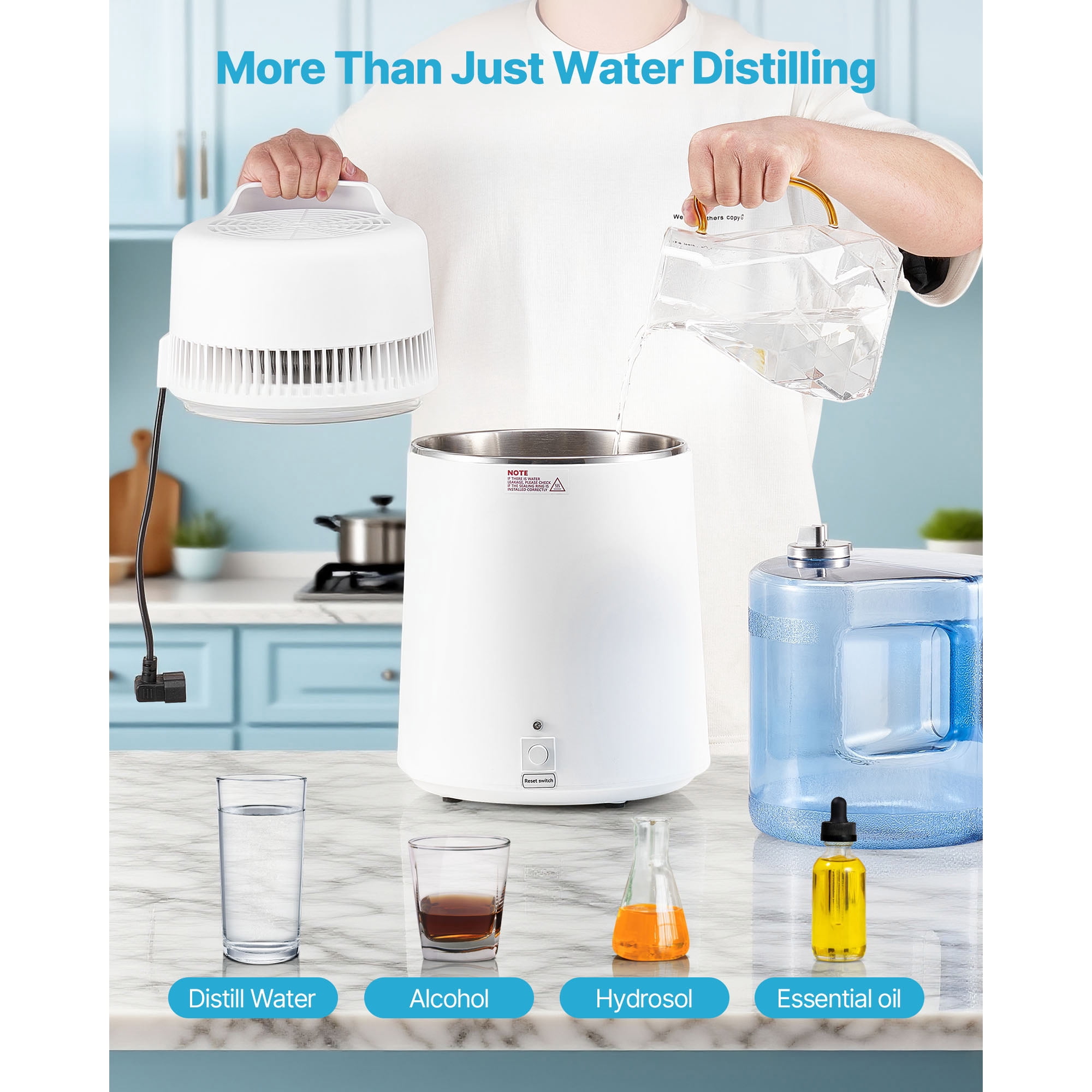 KFFKFF 6L 1.6 Gallon Water Distiller, Home Countertop Purifier with 900W Power, Plastic Exterior and Stainless Steel Interior for Clean Drinking Water, White