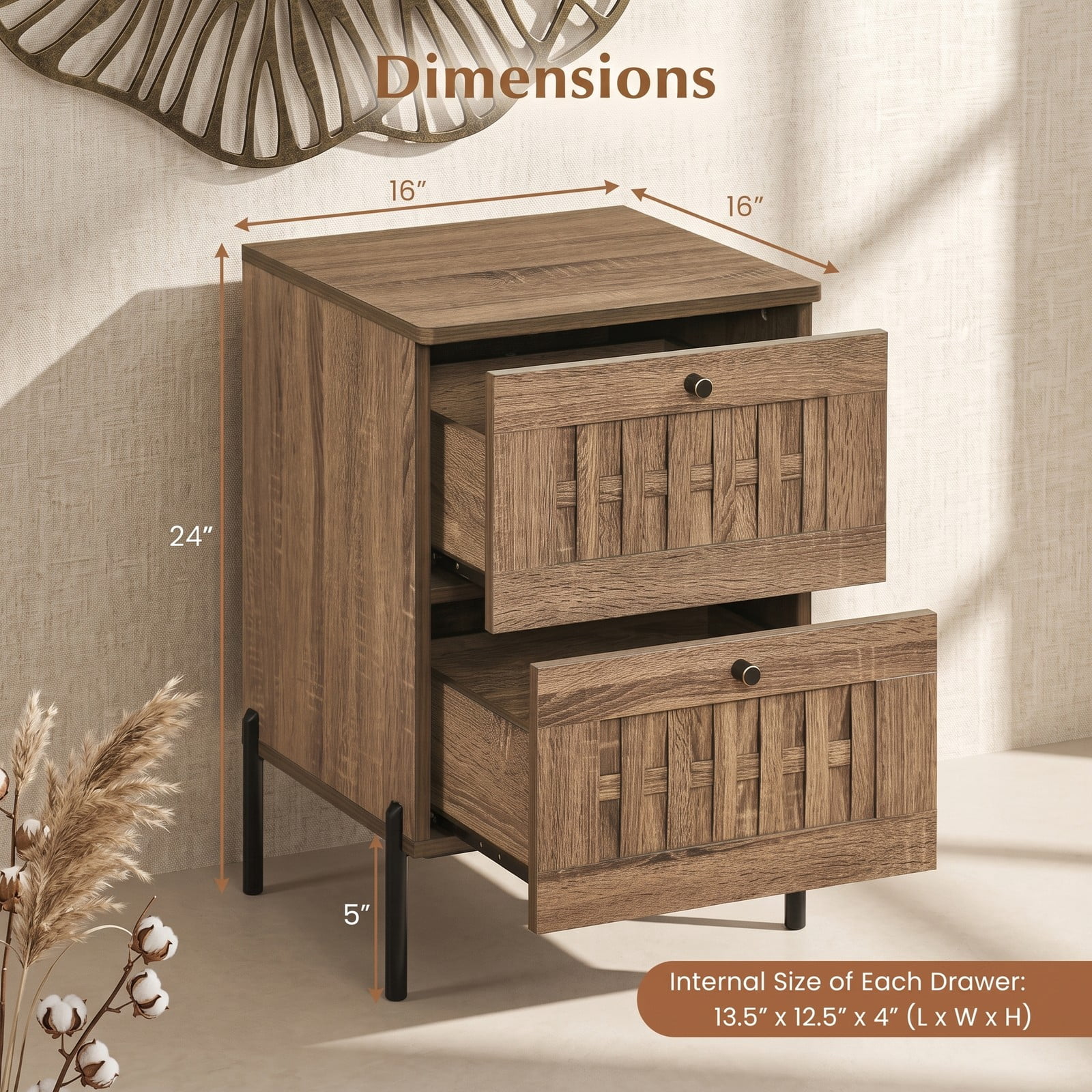 Furnibear Mid Century Modern Nightstand End Table with 2 Storage Drawers and Metal Legs for Bedroom Living Room, Rustic Oak