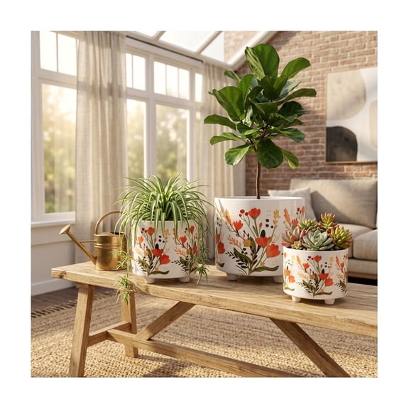 Sagebrook Home Round Flower Pots for Home Decor - Ceramic Planters for Outdoor & Indoor Plants, Plant Display - Set of 3, 11", 9", 7", Red & Orange