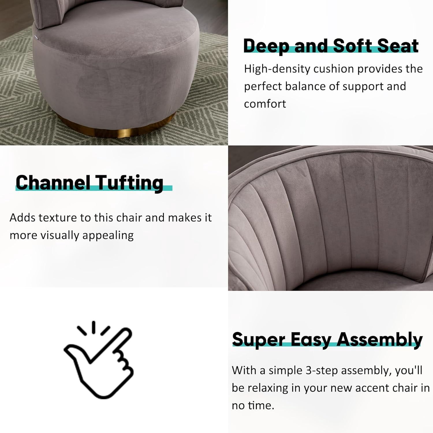 Aukfa 360-Degree Swivel Barrel Chair, Modern Velvet Round Accent Chair for Nursery and Living Room, Gray