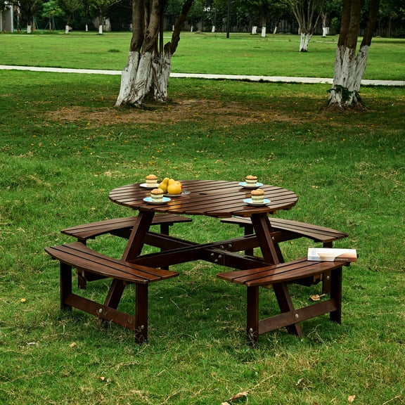 Outdoor Picnic Table For 8, 4 Built-in Benches, Umbrella Hole, Weather-, Backyard, Patio. Brown 8 Person Table,