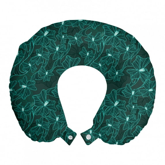 Turquoise Travel Pillow Neck Rest, Floral Arrangement Vintage Flower Bouquet Baroque Inspired Foliage Ornamental Design, Memory Foam Traveling Accessory Airplane and Car, 12", Teal, by Ambesonne