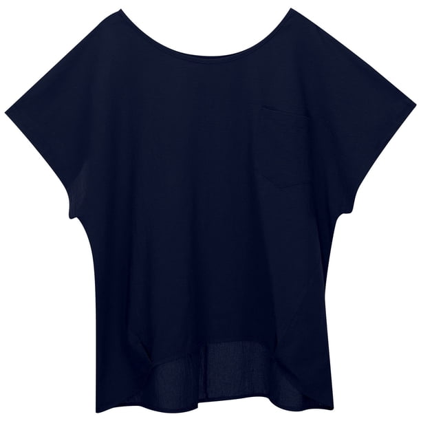 Camiseta de mujer de color liso con cuello redondo y bolsillo de lino: prenda informal de manga corta y corte holgado, mezcla de lino suave, versátil para llevar en casa y a diario.