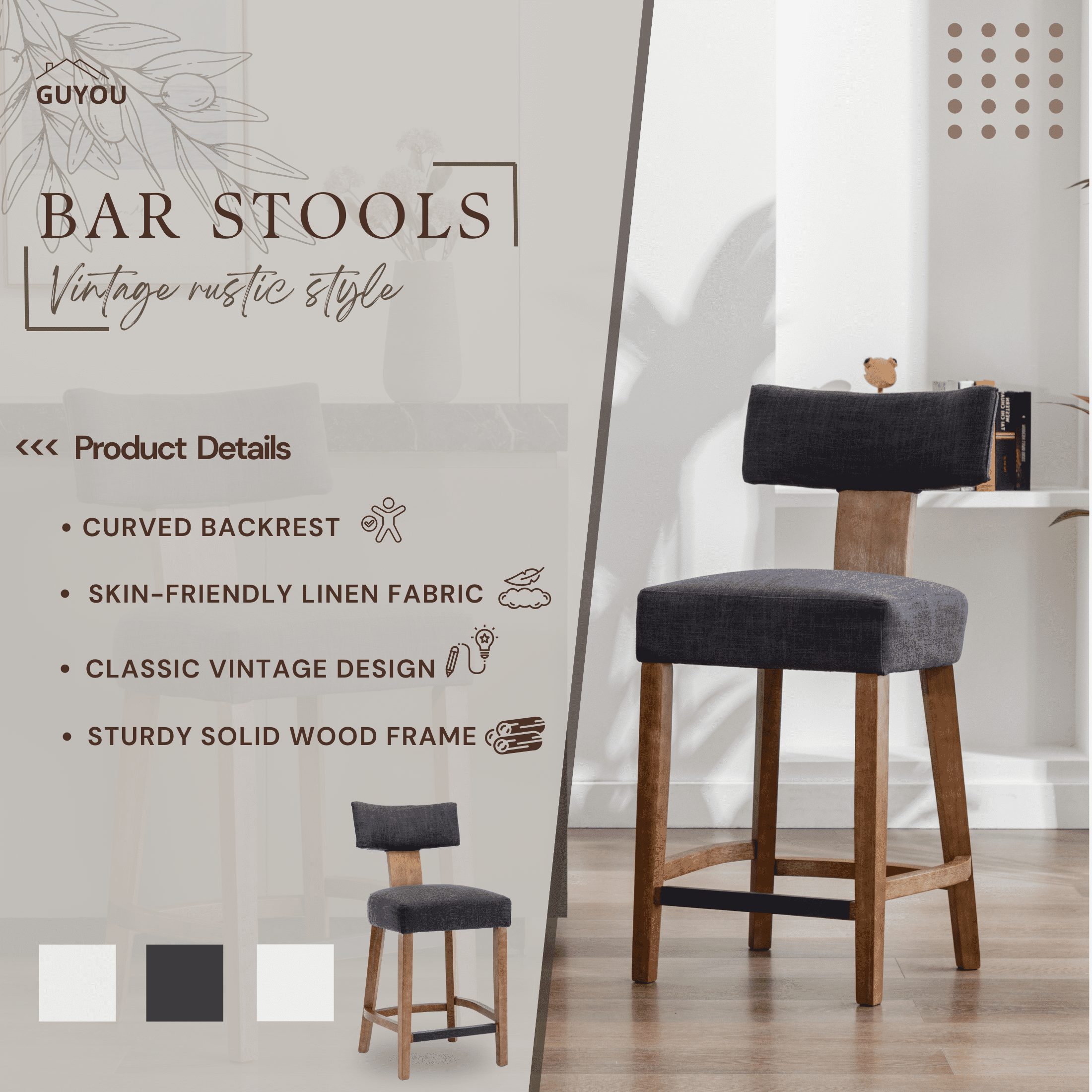 Guyou 26" Bar Stool Set of 6, Modern Linen Upholstered Counter Height Barstools with Hardwood Frame, Wooden Farmhouse Kitchen Island Chairs for Bar Restaurant, Charcoal