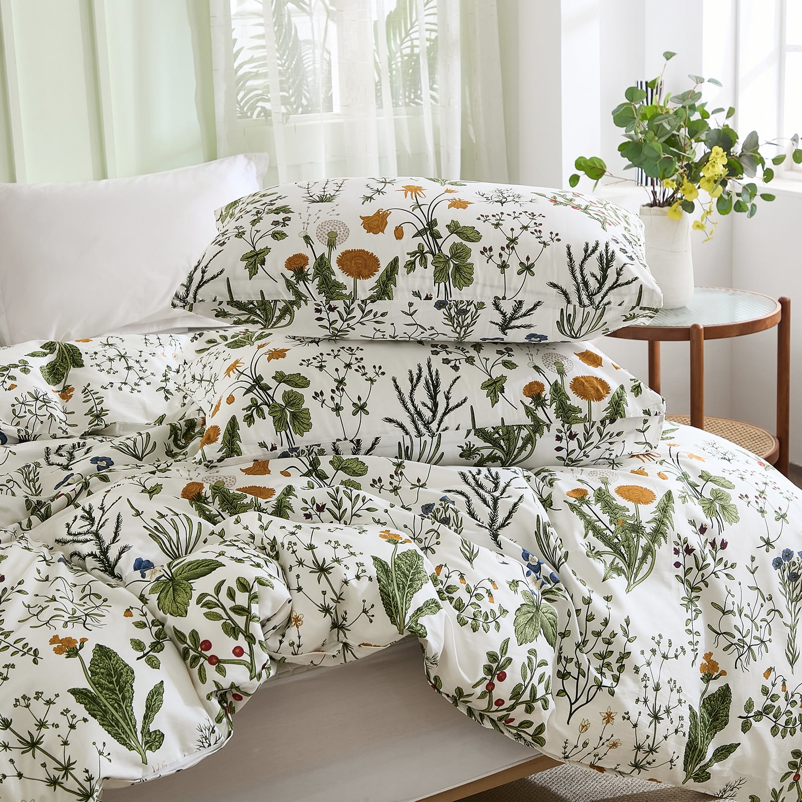Move Over Green Floral Duvet Cover Set Queen 100% Cotton Floral Bedding Set 3 Pieces Soft and Breathable Vintage Style Green Floral Comforter Cover Set for All Seasons