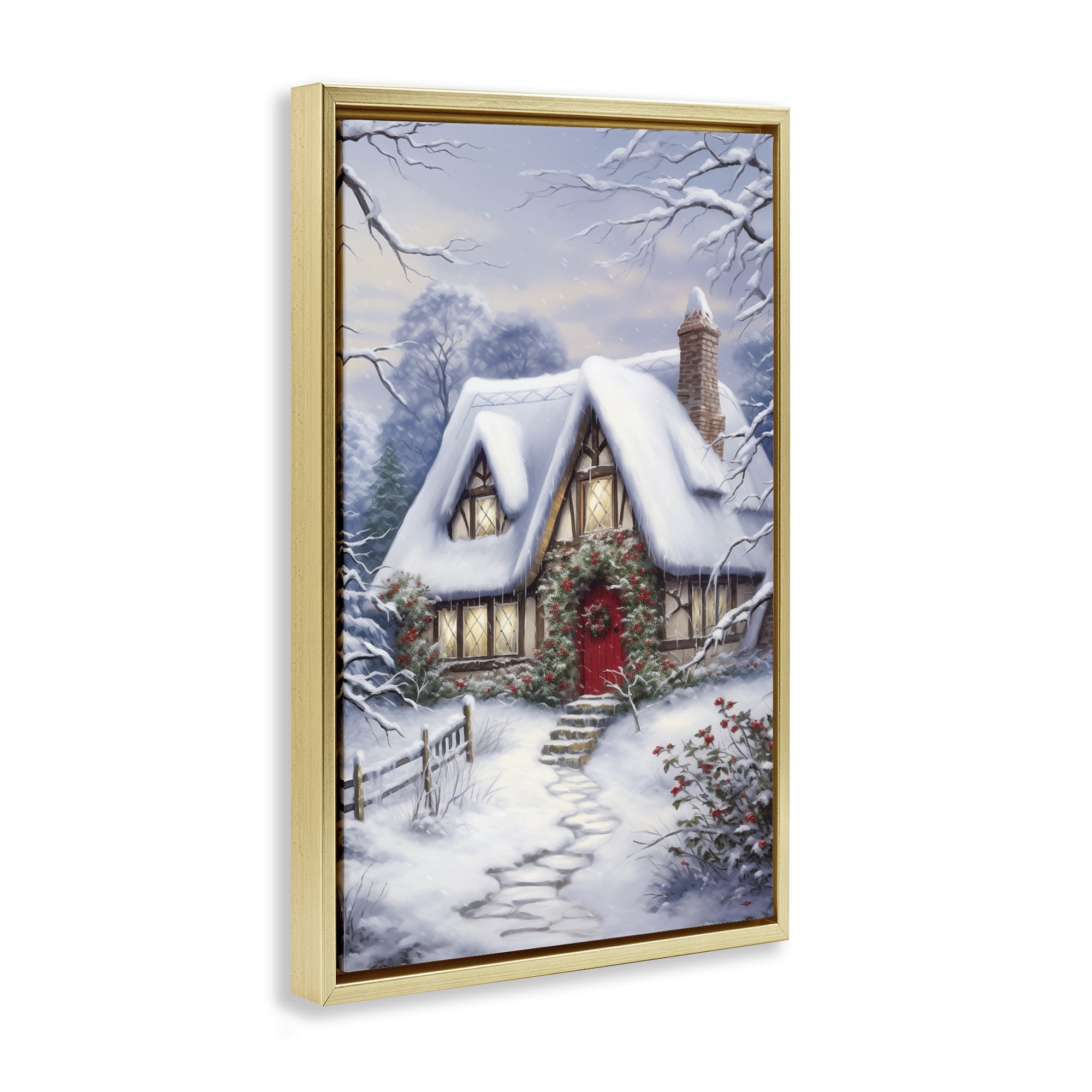 Stupell Industries Niveous Winter Cottage Holiday Painting Gold Floater Framed Canvas Art Print Wall Art, 21 x 31