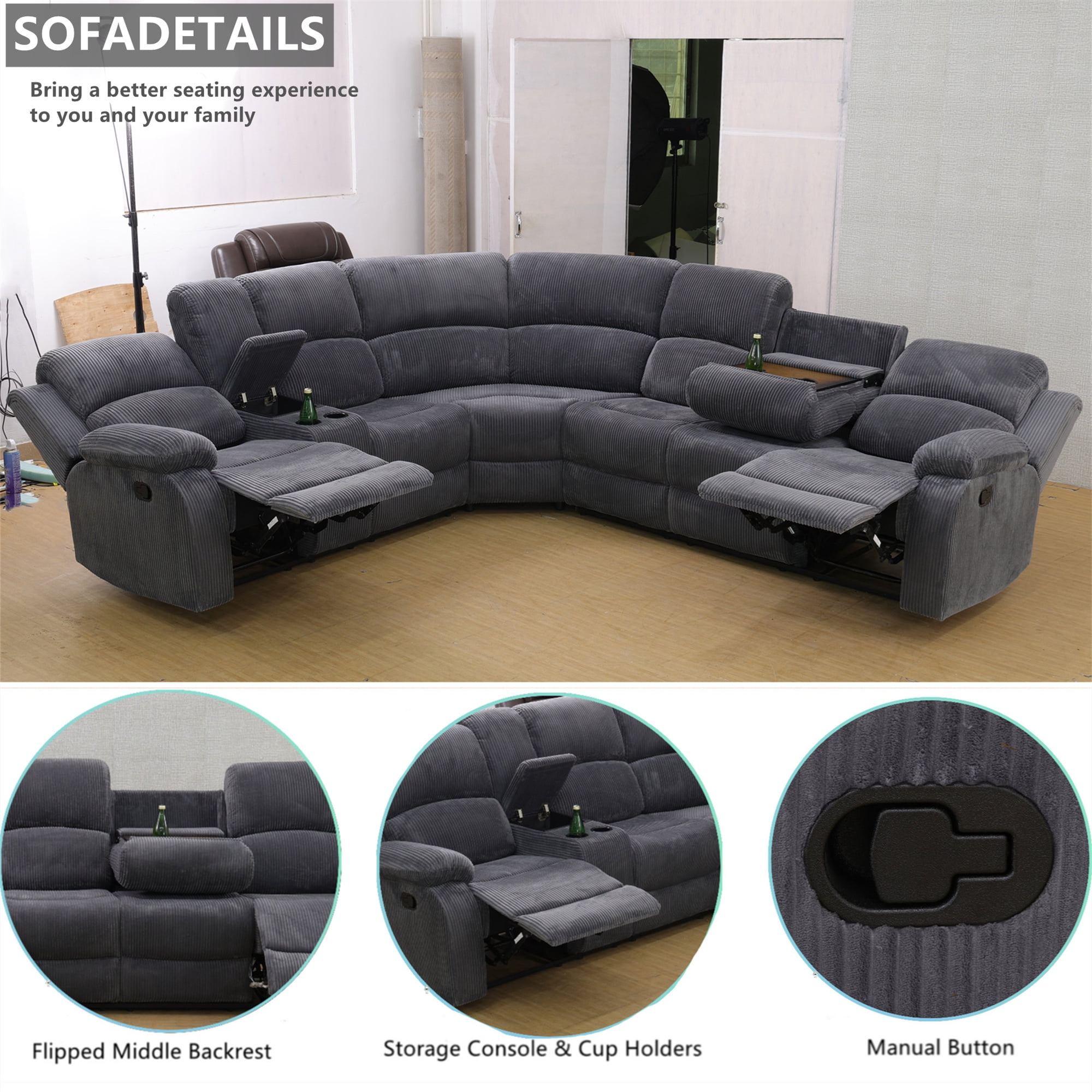 Aukfa 3-Piece Recliner Sofa Set, 6 Seat Sectional Couch with Cup Holders&Storage Console, Gray