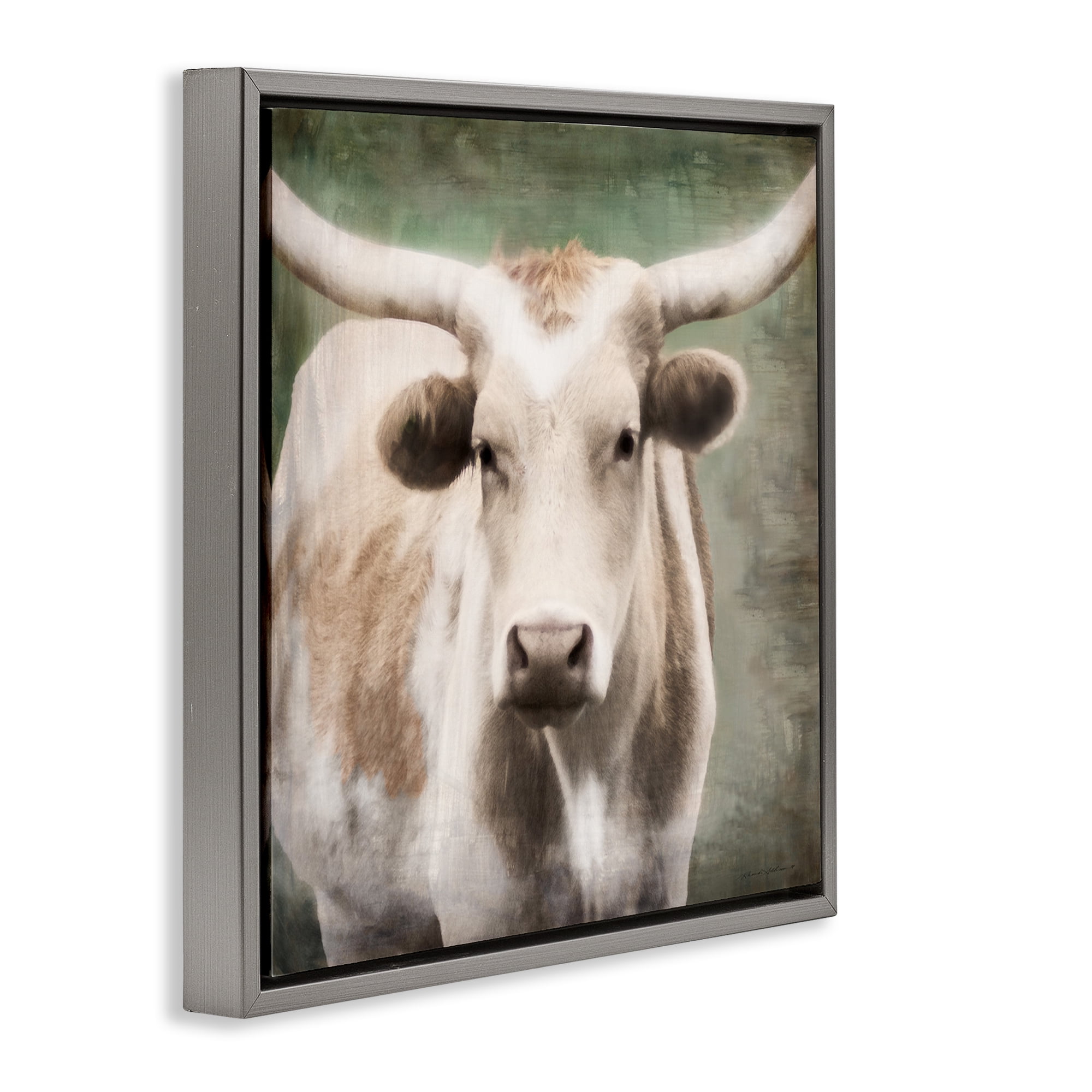 Stupell Industries Rustic Longhorn Cattle Animals & Insects Painting Gray Floater Framed Canvas Art Print Wall Art, 25 x 25