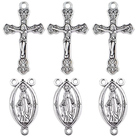 40pcs Maria Jesus Crucifix Cross Pendants Rosary Cross Charms with and Center Miraculous Medal and Oval Chandelier Links for Catholic Rosary Jewelry Making，Tibetan Antique Silver