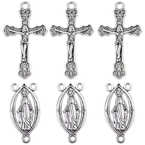 40pcs Maria Jesus Crucifix Cross Pendants Rosary Cross Charms with and Center Miraculous Medal and Oval Chandelier Links for Catholic Rosary Jewelry Making,Tibetan Antique Silver