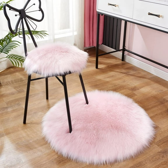 ERDOUY Round Faux Fur Sheepskin Area Rug Super Soft Fluffy Chair Cover Seat Cushion Pad Non-Slip Area Rugs for Living Bedroom Floor Sofa (Light Pink,1.5 Feet Diameter)