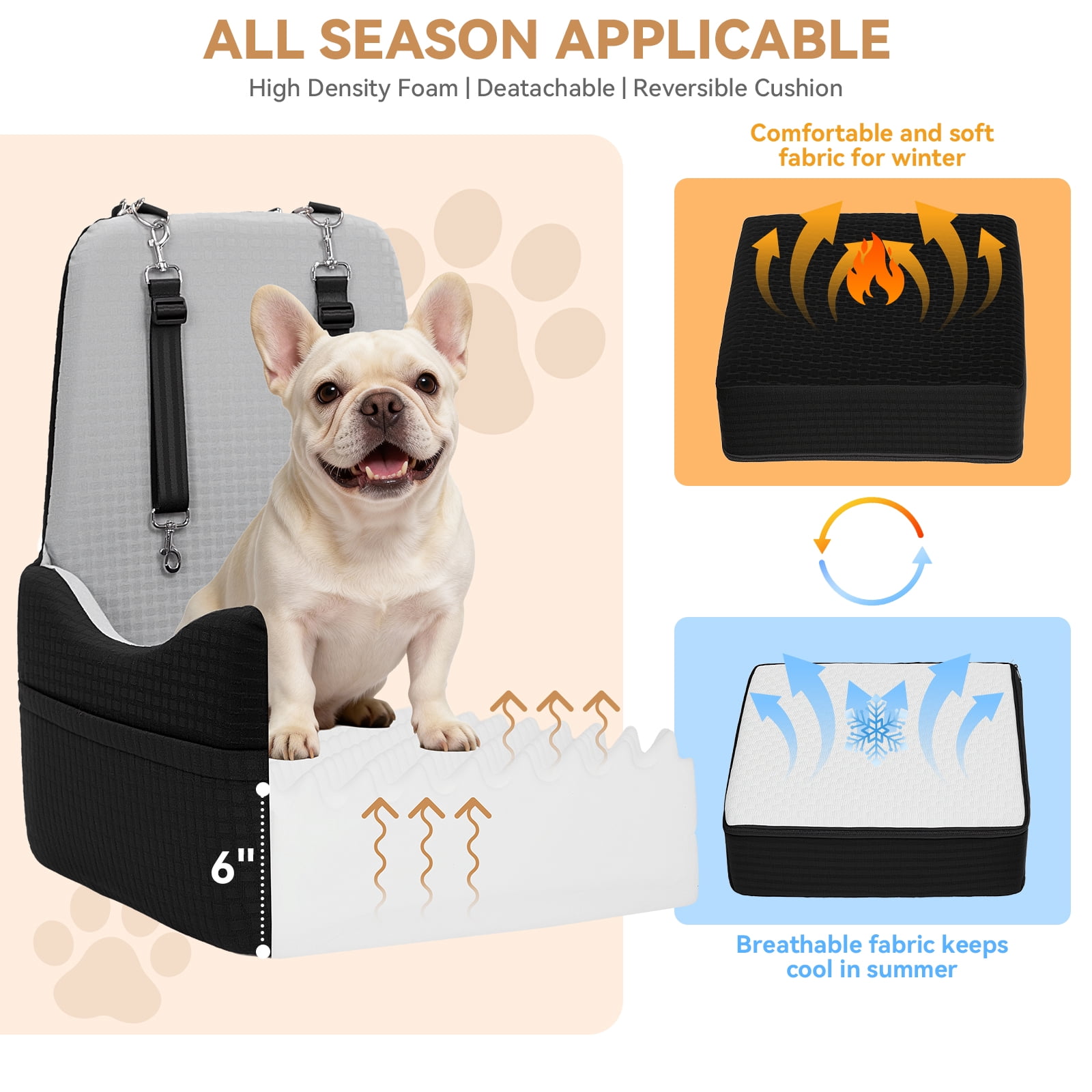 PETSFIT Dog Booster Car Seat for Small/Medium Dogs Up to 35 lbs – Patented Safety System, 6" Memory Foam Pet Booster Car Seat, Fully Detachable and Washable,2 Storage Pockets (Black & Grey)